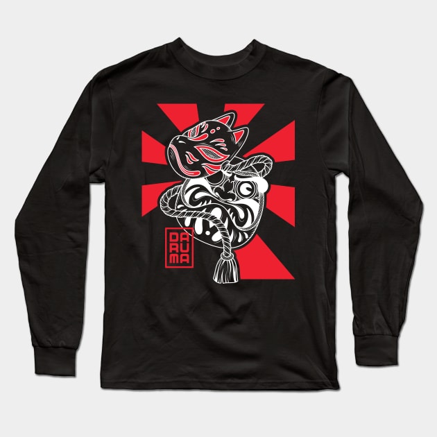 Japanese daruma doll with kitsune mask illustration Long Sleeve T-Shirt by Spes.id